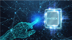 Illustration of fintech technology with digital financial icons, including mobile payments, blockchain, and AI-driven solutions, symbolizing the future of finance.